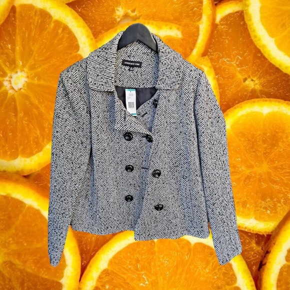 New Jones New York Black and White Herringbone‎ Pea Coat Size 16 - Picture 3 of 6
